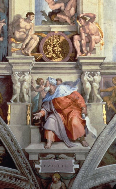 Soffitto della Cappella Sistina: Il Profeta Ezechiele, 1510 (post restauro) (dettaglio) da Michelangelo Buonarroti